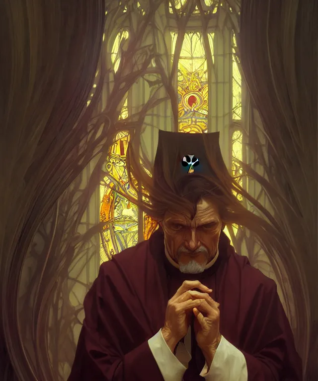 Prompt: a greedy preacher, an evil Catholic priest, portrait, intricate, elegant, highly detailed, digital painting, artstation, concept art, smooth, sharp focus, illustration, art by artgerm and greg rutkowski and alphonse mucha