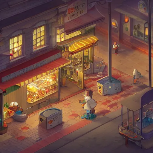 Prompt: isometric view of the busytown bakery, soft warm lighting, by greg rutkowski and stufio ghibli