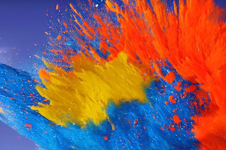 Prompt: slow motion footage of orange and blue paint colliding midair