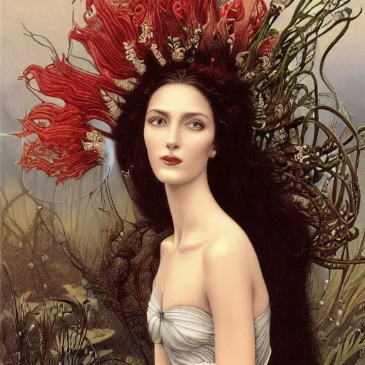 Image similar to facial portrait of a young pretty woman in flowing dress, arrogant, mysterious, long fine flowing hair, delicate, looking at camera, slightly awkward smile, realistic face, hands behind back, intricate, stylish, elegant, grimdark fantasy, flowers, extremely detailed painting by Gerald Brom and Ernst Haeckel and Greg Rutkowski