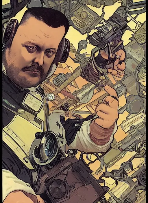 Image similar to cyberpunk paul blart fighting real cop. portrait by ashley wood and alphonse mucha and laurie greasley and josan gonzalez and james gurney. spliner cell, apex legends, rb 6 s, hl 2, d & d, cyberpunk 2 0 7 7. realistic face. vivid color. dystopian setting.