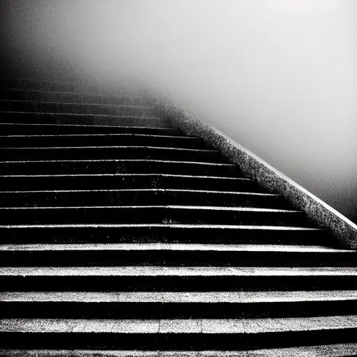 Image similar to black and white surreal photograph, highly detailed vast space made of stairsteps, sideview, detailed textures, natural light, mist, architecture photography, film grain, soft vignette, sigma 1 4 mm f / 1. 4 1 / 1 0 sec shutter, imax 7 0 mm footage