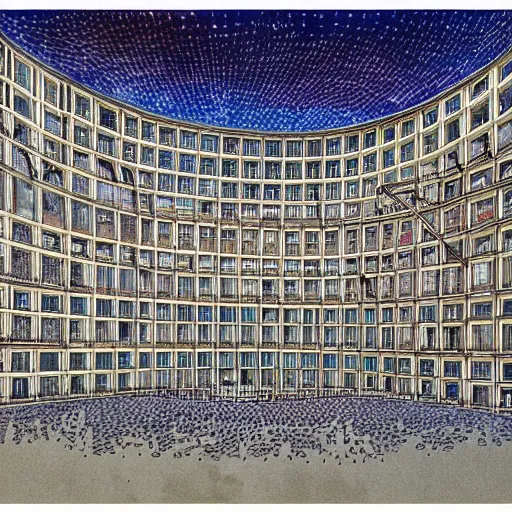 Image similar to Palast der Republik in Berlin, highly detailed architectural drawing by Francois Schuiten