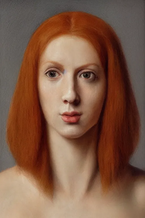 Prompt: hyperrealism extreme close-up portrait of medieval ginger female with black dots, pale skin, wearing dark silk, in style of classicism