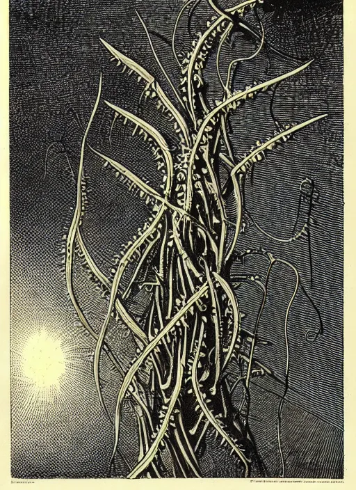 Prompt: 19th century wood-engraving of a glowing spikey vine growing out someone's hand palm, whole page illustration from Jules Verne book titled Stardust Crusaders, art by Édouard Riou Jules Férat and Henri de Montaut, close up, high quality, beautiful, highly detailed, removed watermarks