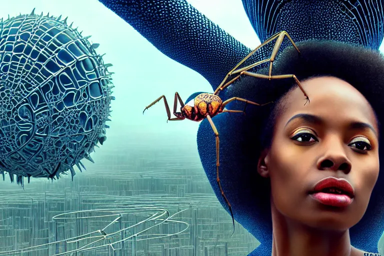 Image similar to realistic detailed closeup portrait movie shot of a beautiful black woman on a giant spider, dystopian city landscape background by denis villeneuve, amano, yves tanguy, alphonse mucha, ernst haeckel, edward robert hughes, roger dean, cyber necklace, rich moody colours, sci fi patterns, wide angle