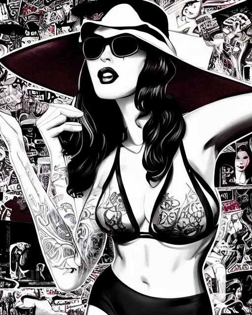 Prompt: closeup portrait of film noir angry megan fox in a bikini wearing a hat and sunglasses, china town, glamour pose, detailed illustration, digital art, trending on artstation, arney freytag, dan mumford, moebius, yoshitaka amano, patrick nagel, graffiti, gta v,