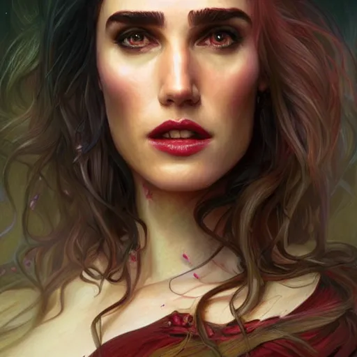 Prompt: Portrait of Jennifer Connelly as a vampire, D&D, muscular, colorful pastel fantasy, intricate, elegant, highly detailed, digital painting, artstation, concept art, smooth, sharp focus, illustration, art by artgerm and greg rutkowski and alphonse mucha