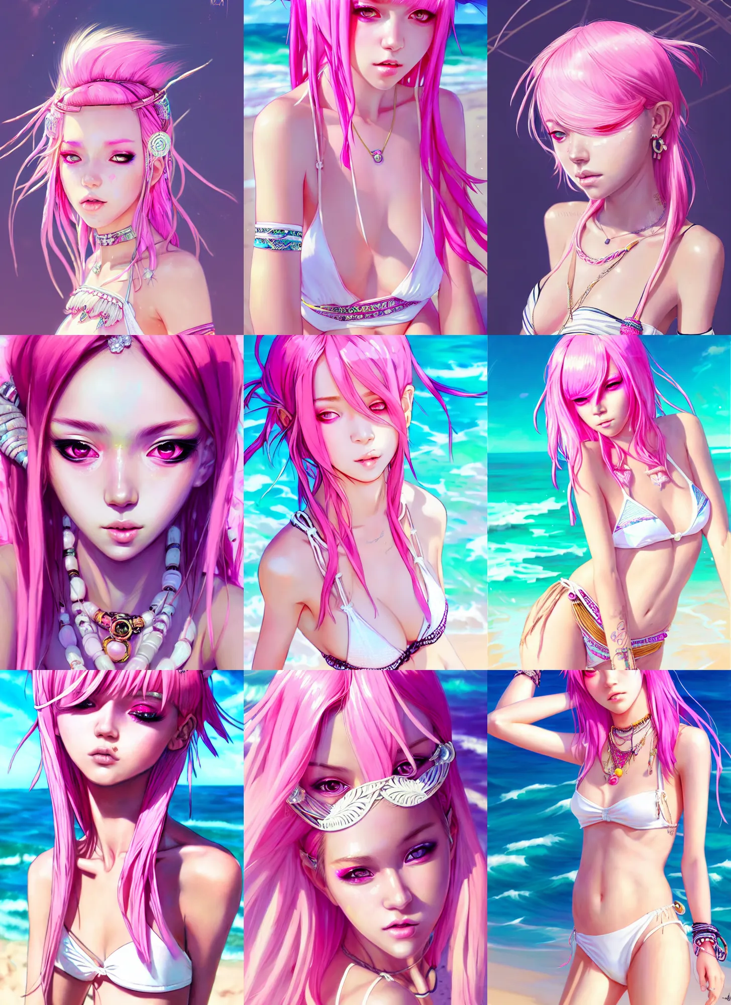 Prompt: portrait of a beautiful stunning girl with pink hair with boho accessories, in white reflective bikini at beach, glossy, top lighting, cute face, big eyes, highly detailed, sharp focus, seraphine ahri kda, art by krenz and wenjun lin and starember and kuvshinov ilya and kidmo and rossdraws and artgerm