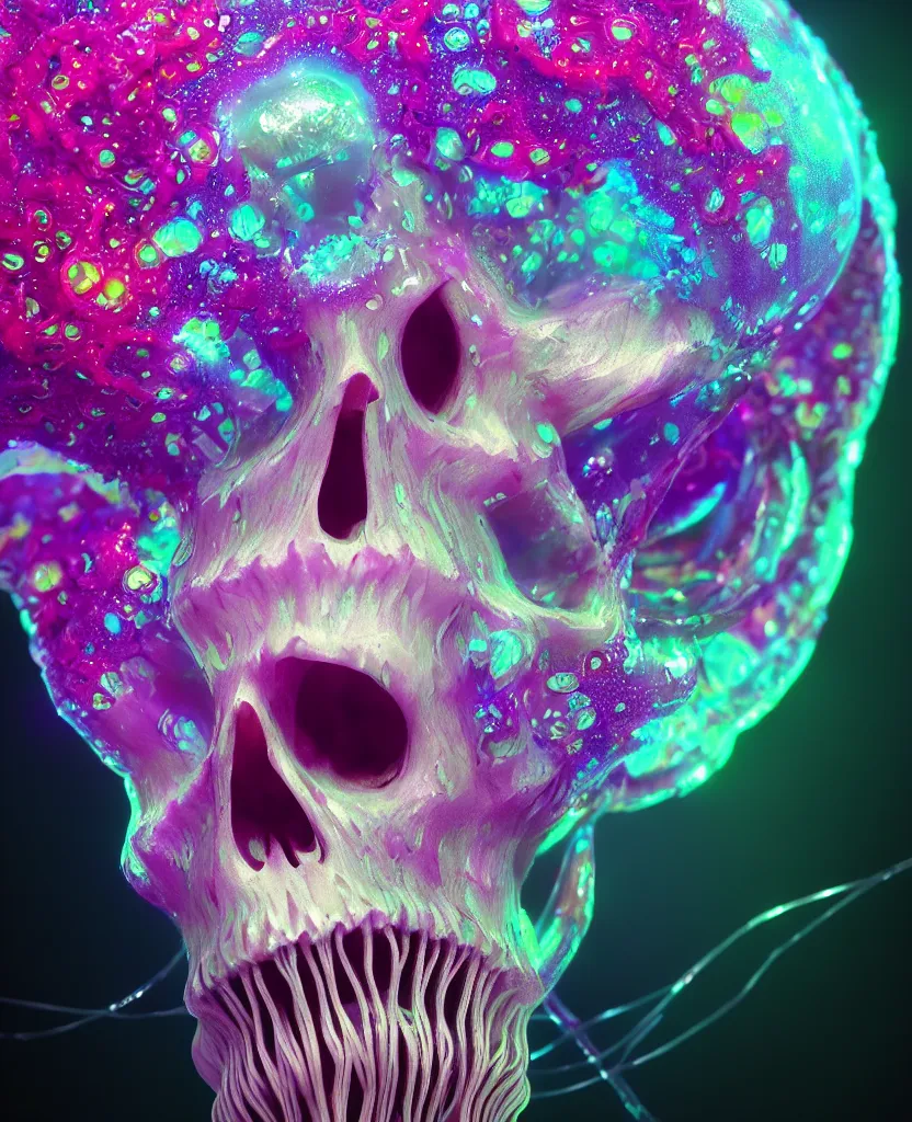 Image similar to close-up portrait of skull dichroic orchid jellyfish skull, betta fish, bioluminiscent creatures, intricate artwork by Tooth Wu and wlop and beeple. octane render, trending on artstation, greg rutkowski very coherent symmetrical artwork. cinematic, hyper realism, high detail, octane render, 8k