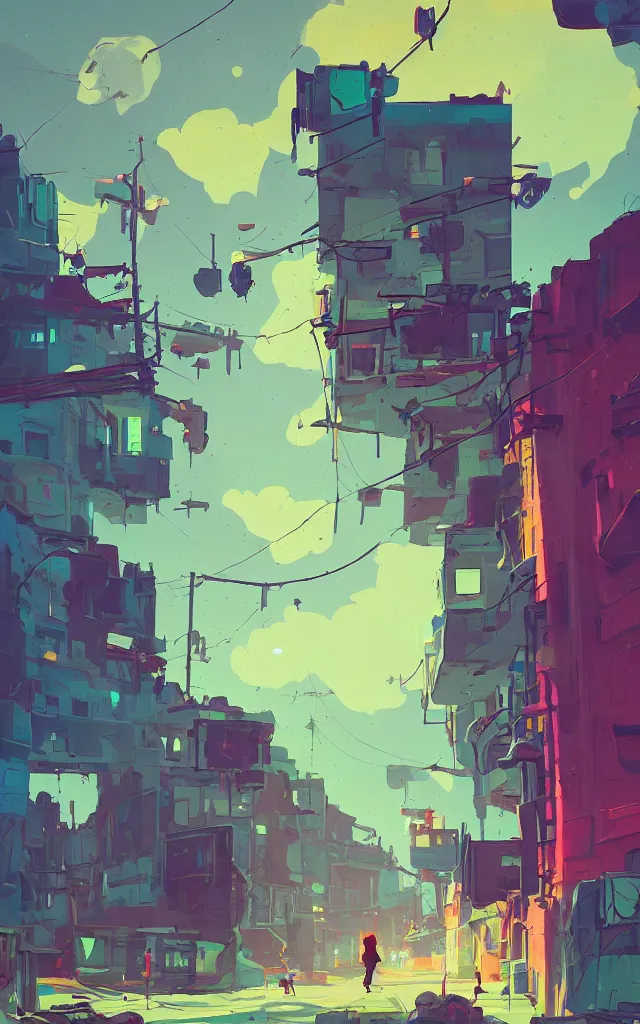 Prompt: an alley at street level in an abandoned city in a fantastic landscape against a ridiculous sky by Anton Fadeev and Simon Stålenhag