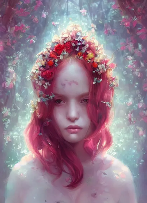 Prompt: a gorgeous flower princess portrait by WLOP, big emerald eyes, red hair, digital painting, beautiful lighting, mystical, detailed flowers, cgsociety