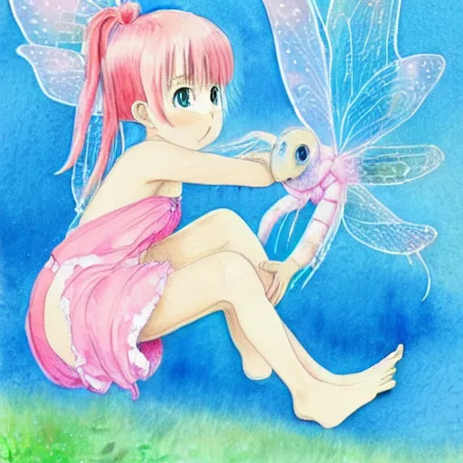 Prompt: award winning watercolor of a 3 0 year old auburn - headed fairy in short pigtails wearing a sparkly baby pink swimsuit with blue translucent dragonfly wings, against a cloudy blue sky backdrop, by hayao miyazaki