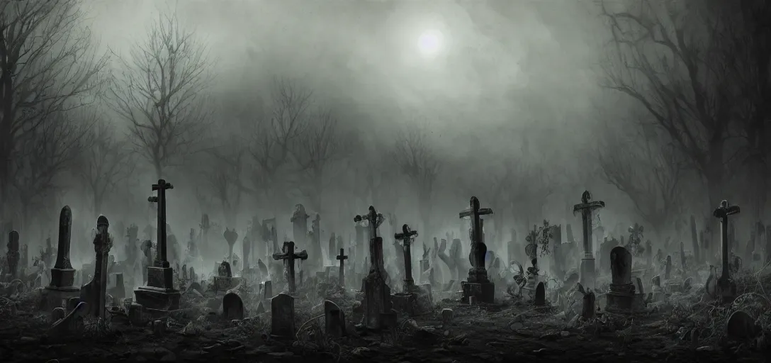 Image similar to A dark and haunted graveyard with ghost and zombies in the style of Keith Thompson, christopher bretz and kael ngu and Zdzislaw Beksinski, Artstation HD, 8k, Surrealistic digital artwork, highly detailed, digital painting, HDRI, vivid colors, high contrast, 8k resolution, intricate, photorealistic, smooth