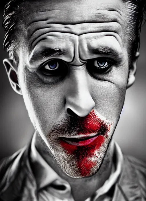 Prompt: photo of Ryan Gosling as the Joker by Lee Jeffries, evil smile, head shot, detailed, award winning, trending on arstation, Sony a7R