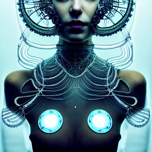 Prompt: portrait of an absurdly beautiful, graceful, sophisticated, fashionable cyberpunk mechanoid, hyperdetailed illustration by irakli nadar, matt wisniewski style, intricate linework, white porcelain skin, iridescent fractal headdress, day - glow facepaint, jellyfish led electronic ruff neckware, unreal engine 5 highly rendered, global illumination, radiant light, detailed and intricate environment