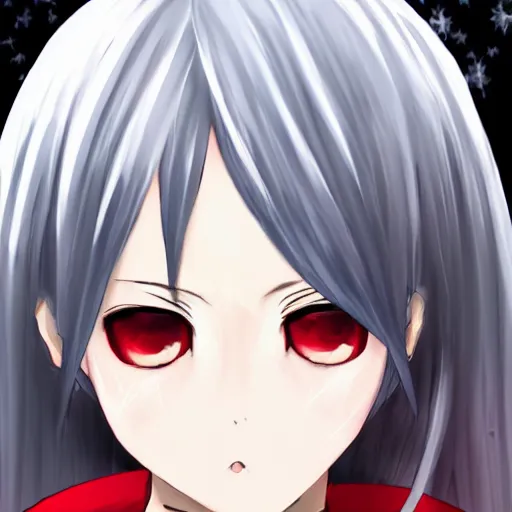 Image similar to white hair, red eyes, two small horn on the head, anime style, anime girl