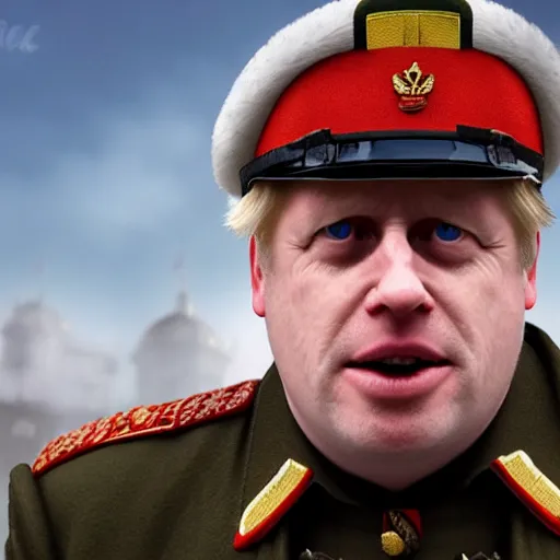 Image similar to movie scene boris johnson in ussr soldiers uniform, photorealistic, highly detailed 8 k