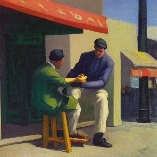 Prompt: “ here ’ s a man with a smile like god ’ s shoeshine by edward hopper and gogh ”