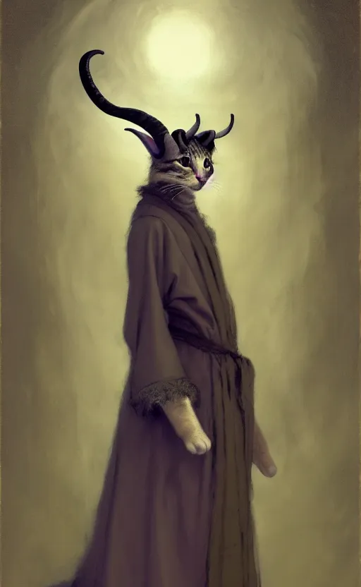 Image similar to a bipedal cat that has goat horns, anthropomorphic cat that is wearing robes, matte oil painting, by james abbott mcneill whistler, d & d, character reveal, fantasy, concept art, cosmic, magical, fog, noble, full body portrait, intricate, ornate, extremely detailed, cult, ritual, sharp focus, 4 k, 8 k