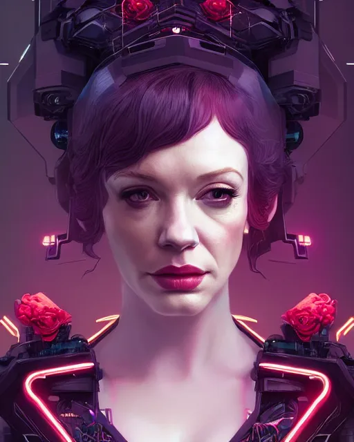 Image similar to portrait of christina hendricks as a cyberpunk cyborg. roses, sci - fi, intricate abstract upper body intricate artwork, by tooth wu, wlop, beeple, dan mumford. concept art, octane render, deviantart, greg rutkowski, cinematic arthouse, key art, hyper realism, iridescent accents