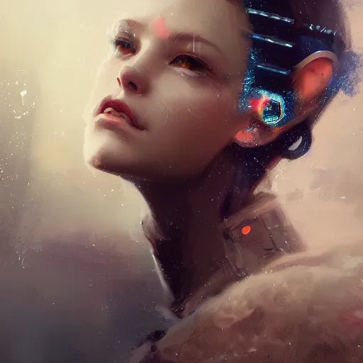 Prompt: portrait of a beautiful cute girl with robot ears falling into the third dimension by greg rutkowski, 4k, intricate details