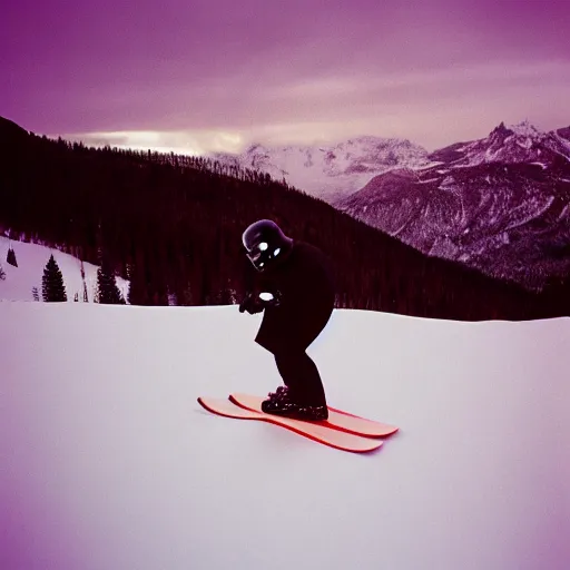 Prompt: photo of darth vader snowboarding, cinestill, 8 0 0 t, 3 5 mm, full - hd