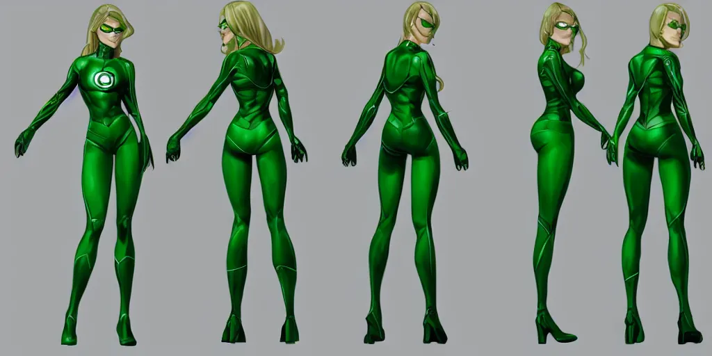 Image similar to full body exaggerated outfit, female green lantern character clean concepts by senior concept artist in the anime film, suit, powers, glowing, stronge, smooth, high detail, featured on artstation