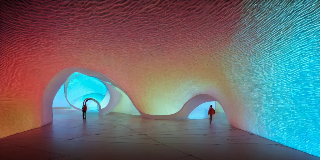 Image similar to extremely detailed awe stunning beautiful futuristic smooth curvilinear museum interior, translucent gills, hyper real, 8k, colorful, 3D cinematic volumetric light, atmospheric light