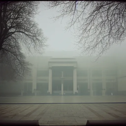 Prompt: lomo photo of museum, ominous, foggy, scary,