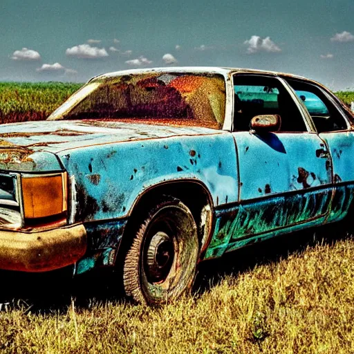 Image similar to A photograph of a rusty, worn out, broken down, decrepit, run down, dingy, faded, chipped paint, tattered, beater 1976 Denim Blue Dodge Aspen in a farm field, photo taken in 1989