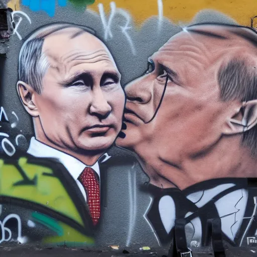 Image similar to Putin and Lavrov kissing, kiss on the Berlin wall, graffiti, 8k