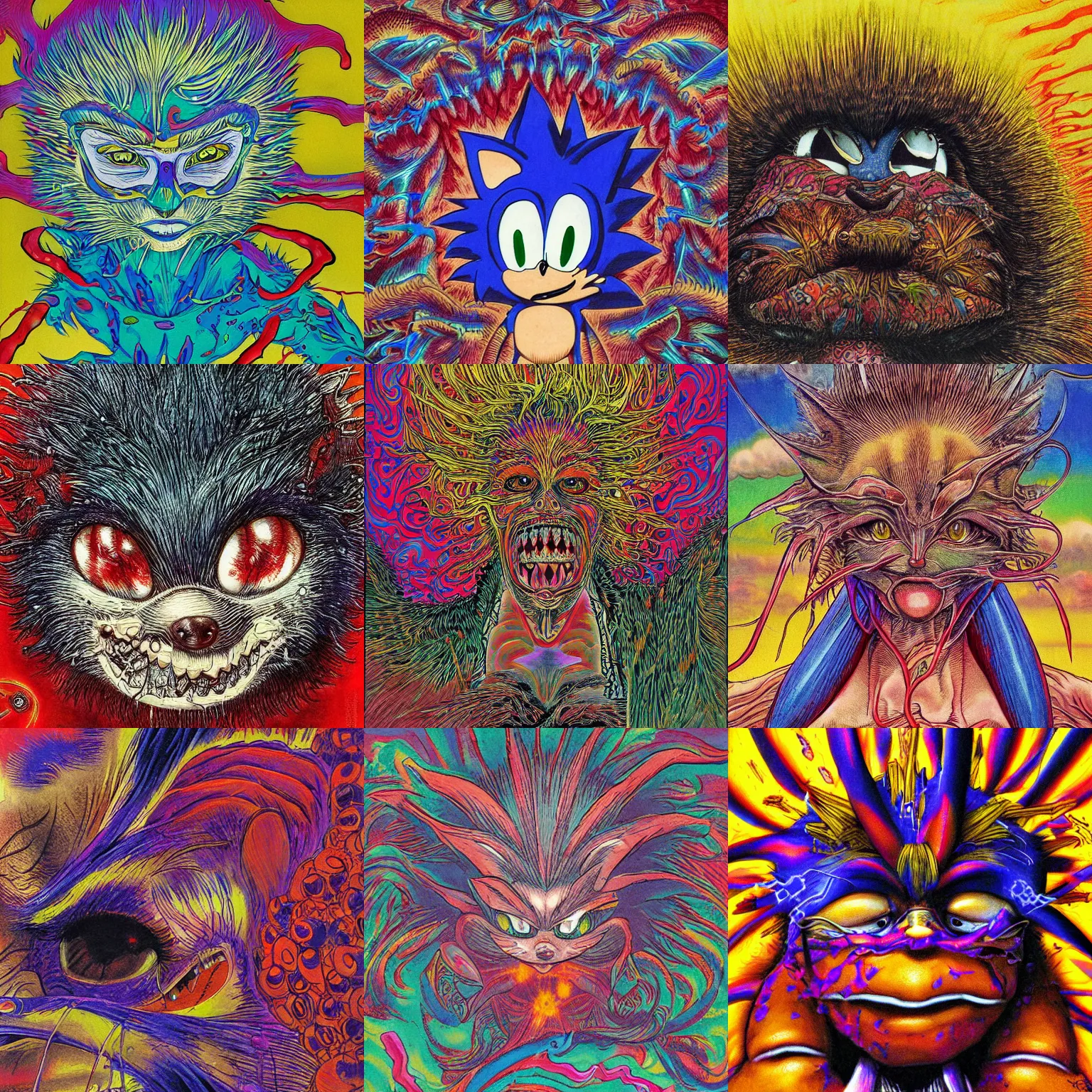 Prompt: close up portrait of sonic the hedgehog as a Conjuring Psychedelic Illustration of sonic the hedgehog, by Shintaro Kago, Kentaro Miura, grotesque, rich deep colors. Beksinski painting, art by Takato Yamamoto. masterpiece