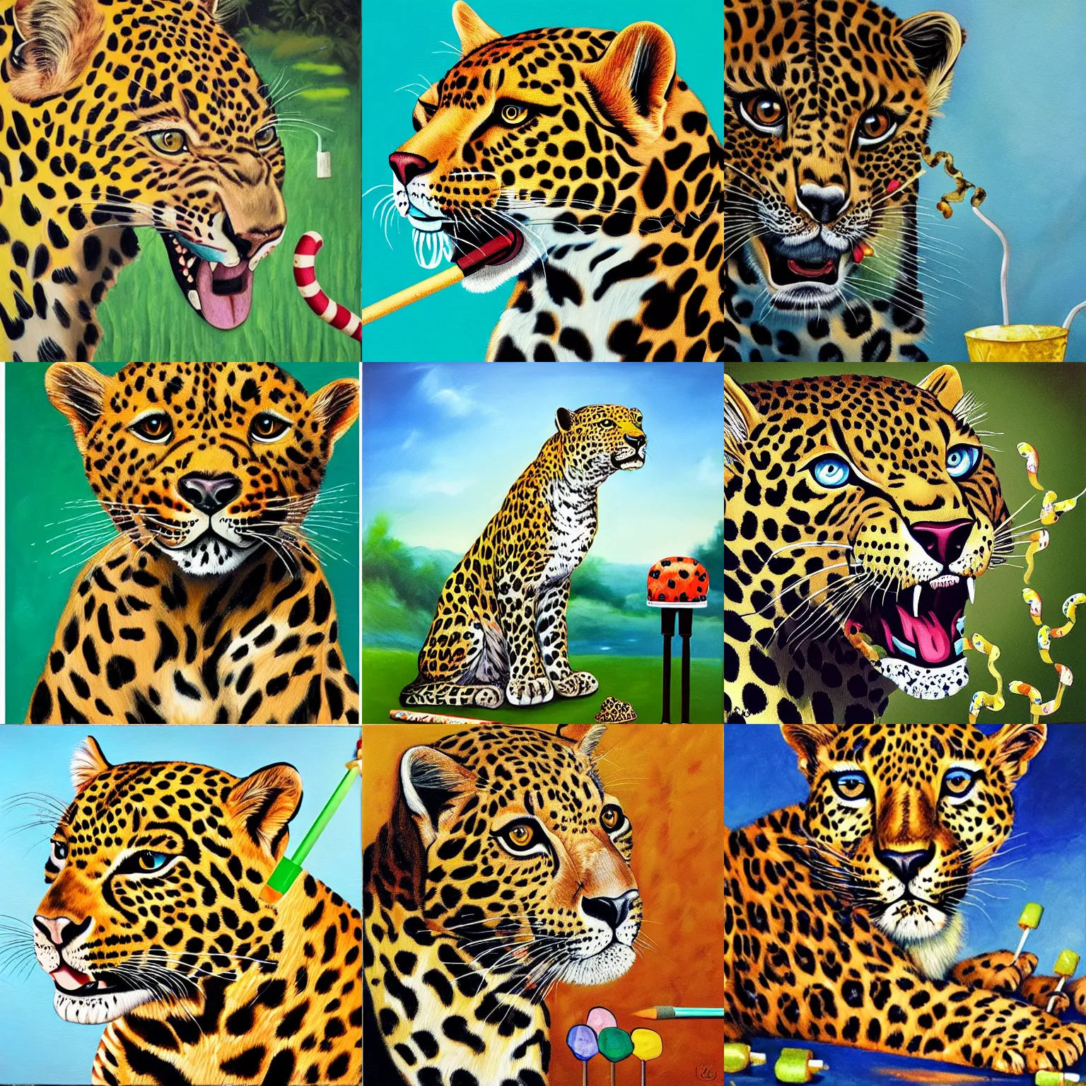 Prompt: majestic leopard chewing on lollipops oil painting, safari background
