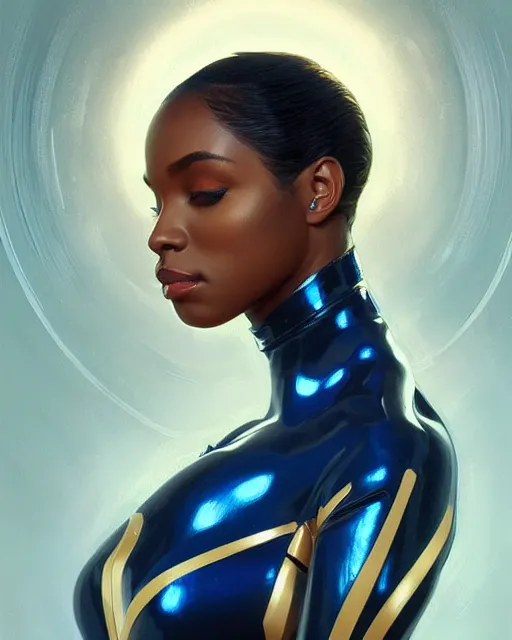 Image similar to Portrait of very very very very very very beautiful black woman, spacesuit, blue eyes, intricate, elegant, highly detailed, digital painting, artstation, concept art, smooth, sharp focus, illustration, real life skin, art by artgerm and greg rutkowski and alphonse mucha