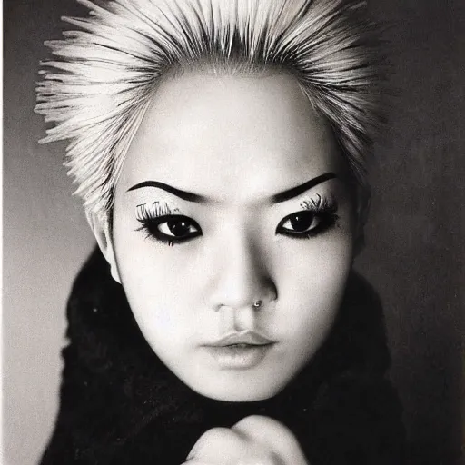 Image similar to A young woman with black and white hair looking disgusted away from the camera, Portrait by Noriyoshi Ohrai