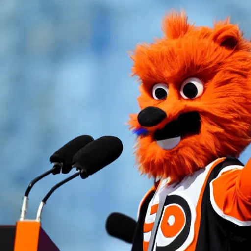 Prompt: Gritty the Philadelphia Flyers mascot delivering a speech at the United Nations