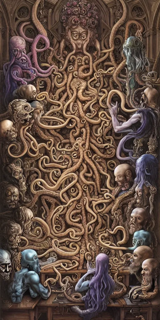 Image similar to group of mages in human bodies with octopus or medusa heads sitting near the table and arguing in an ancient mage castle with enormous scale, gothic and baroque, brutalist architecture, ultradetailed, Intricate by James Jean and Josan Gonzalez and John Howe and Giuseppe Arcimboldo