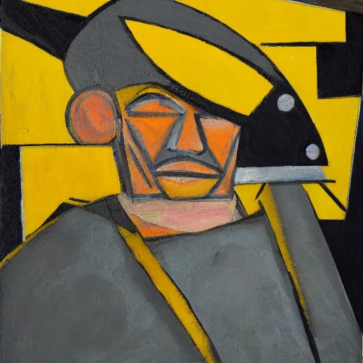 Prompt: cubist portrait of weathered old fisherman in yellow overalls, storm in background