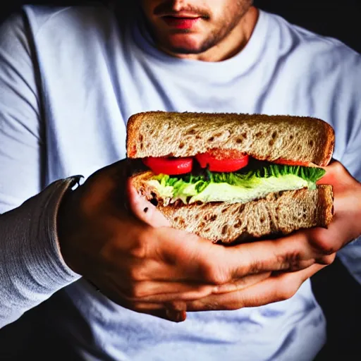 Prompt: a man eating the last sandwhich while looking sad, realistic photo,