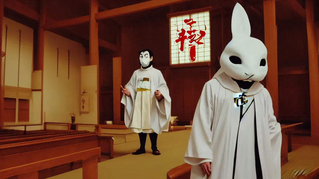 Prompt: a man wearing priest clothes and a white rabbit mask standing in an Japanese church, anime film still from the an anime directed by Katsuhiro Otomo with art direction by Salvador Dalí, wide lens