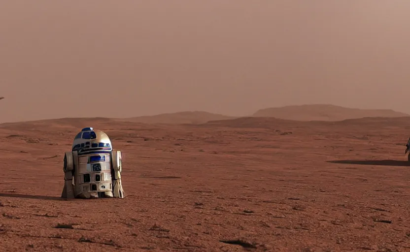 Image similar to a screenshot wide shot of astromech R2-D2 AT-AT land walkers, marching on a surreal red planet landscape, from The Last Jedi, iconic scene from the 1979 film directed by Stanley Kubrick, shot on anamorphic lenses, cinematography, 70mm film, lens flare, kodak color film stock, ektachrome, immensely detailed scene, 4k