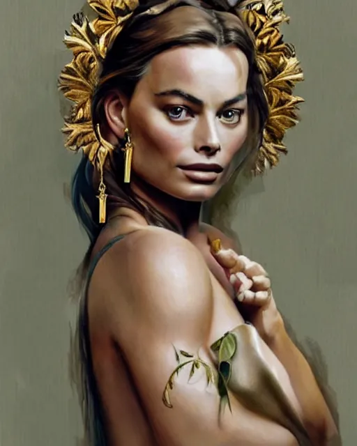 Image similar to realism tattoo sketch of margot robbie as a beautiful greek goddess aphrodite with piercing eyes wearing a laurel wreath and triangle earrings, in the style of greg rutkowski, amazing detail