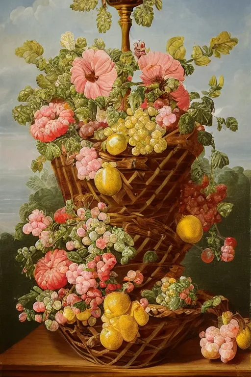 Prompt: a beautiful detailed baroque painting of fruit and flowers in a basket on a fancy tall pedestal, with a window with curtains in the background