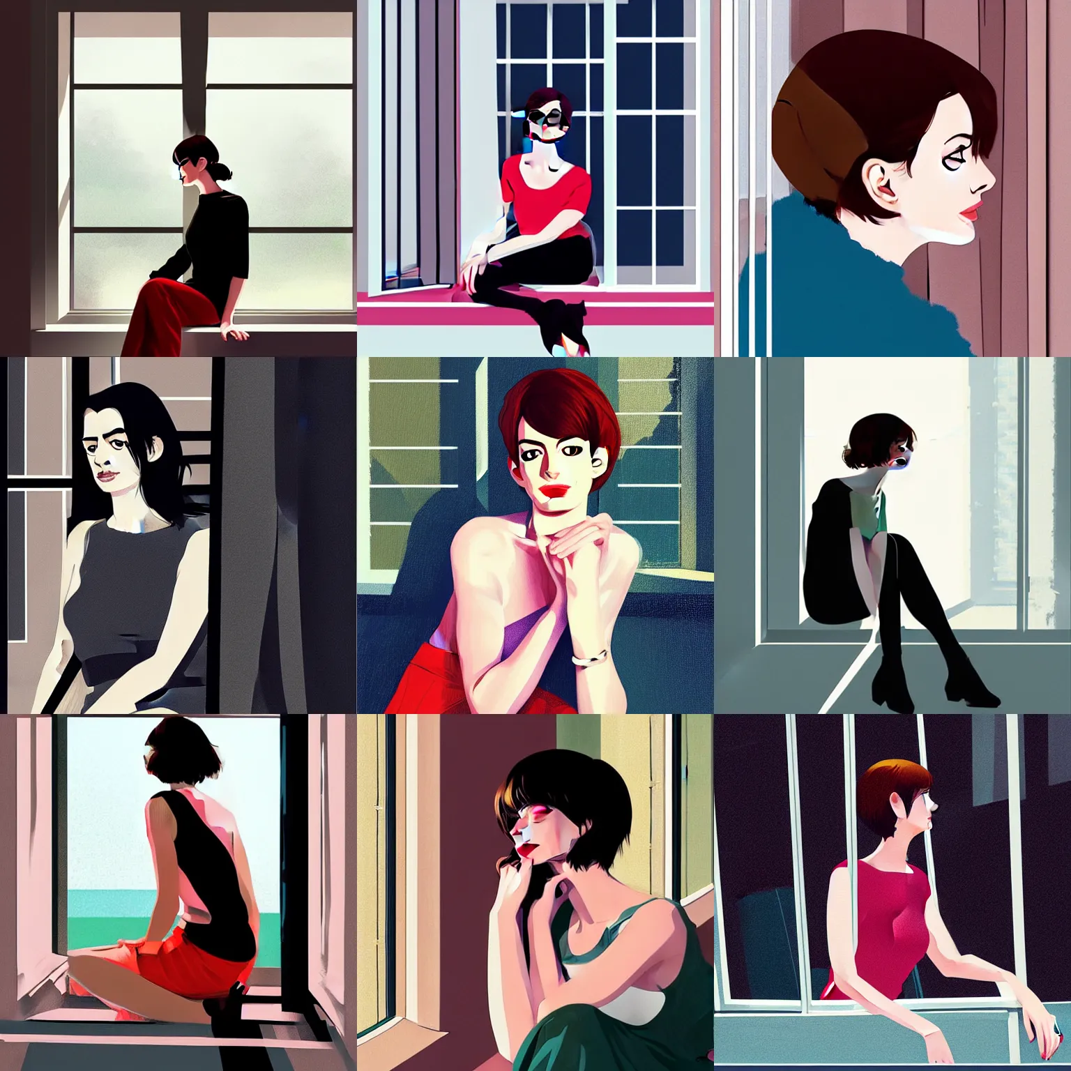 Prompt: anne hathaway in the style of ilya kuvshinov, sitting down, leaning against the window