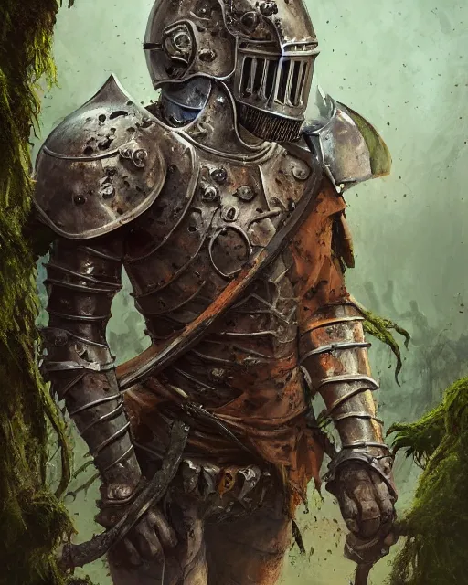 Prompt: An undead medieval knight wearing rusted armor covered in moss, by Stanley Artgerm Lau, WLOP, Rossdraws, James Jean, Andrei Riabovitchev, Marc Simonetti, and Sakimichan, tranding on artstation