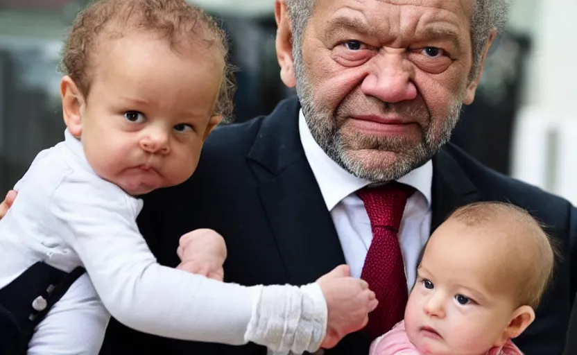 Prompt: alan sugar cradling alan sugar. holding a baby. baby alan sugar. holding in arms. cradling. cradling. happy