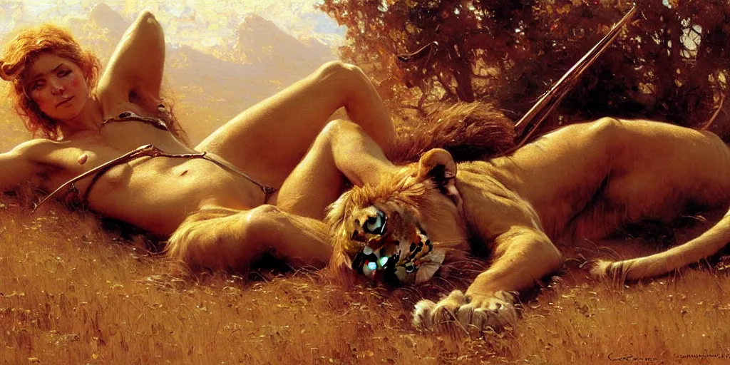 Image similar to an exhausted lion hunter girl. highly detailed painting by gaston bussiere, craig mullins, j. c. leyendecker 8 k