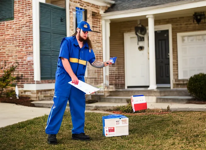 Image similar to dslr photo still of post malone as a postal worker mailman putting letters in mailbox and delivering packages to door, 8 k, 8 5 mm f 1 6