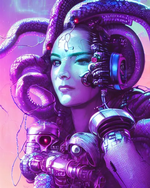 Image similar to a cyberpunk close up portrait of cyborg medusa, electricity, snakes in hair, sparks, bokeh, soft focus, purple, blue, sunny sky, by paul lehr, jesper ejsing